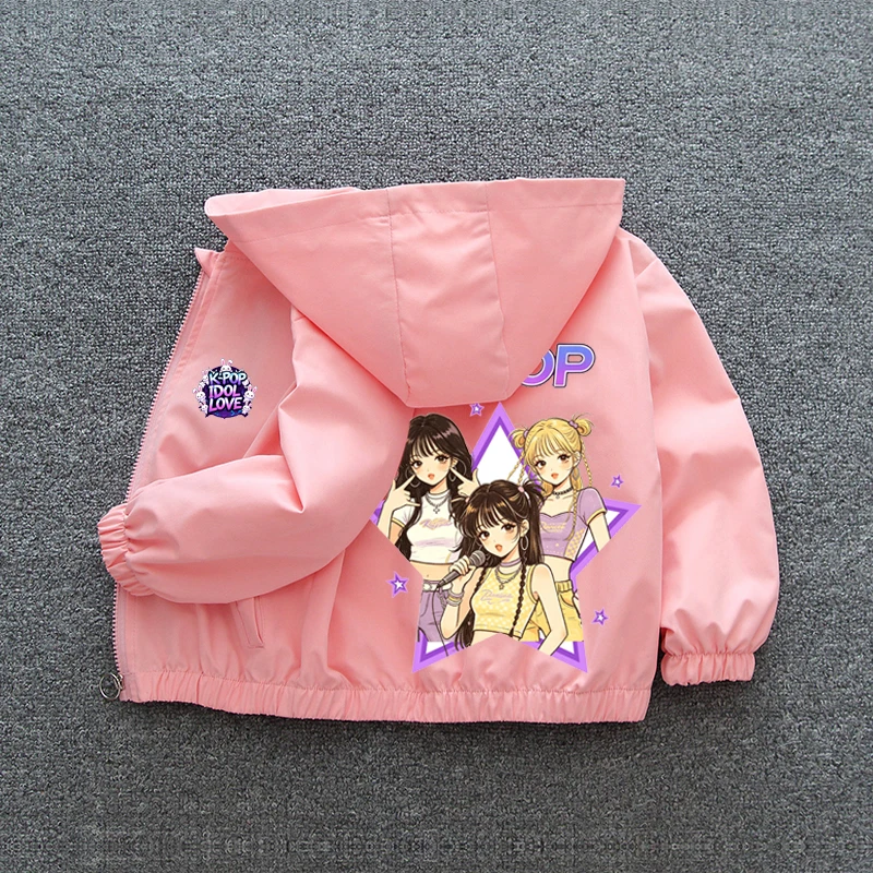 K-pop Idol Print Hooded Jacket for Girls 2026 New Spring Autumn Children Waterproof Windbreaker Coat Kids Daily Casual Outerwear