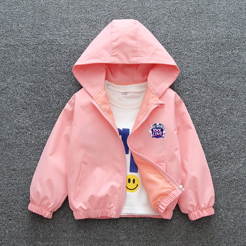 K-pop Idol Print Hooded Jacket for Girls 2026 New Spring Autumn Children Waterproof Windbreaker Coat Kids Daily Casual Outerwear