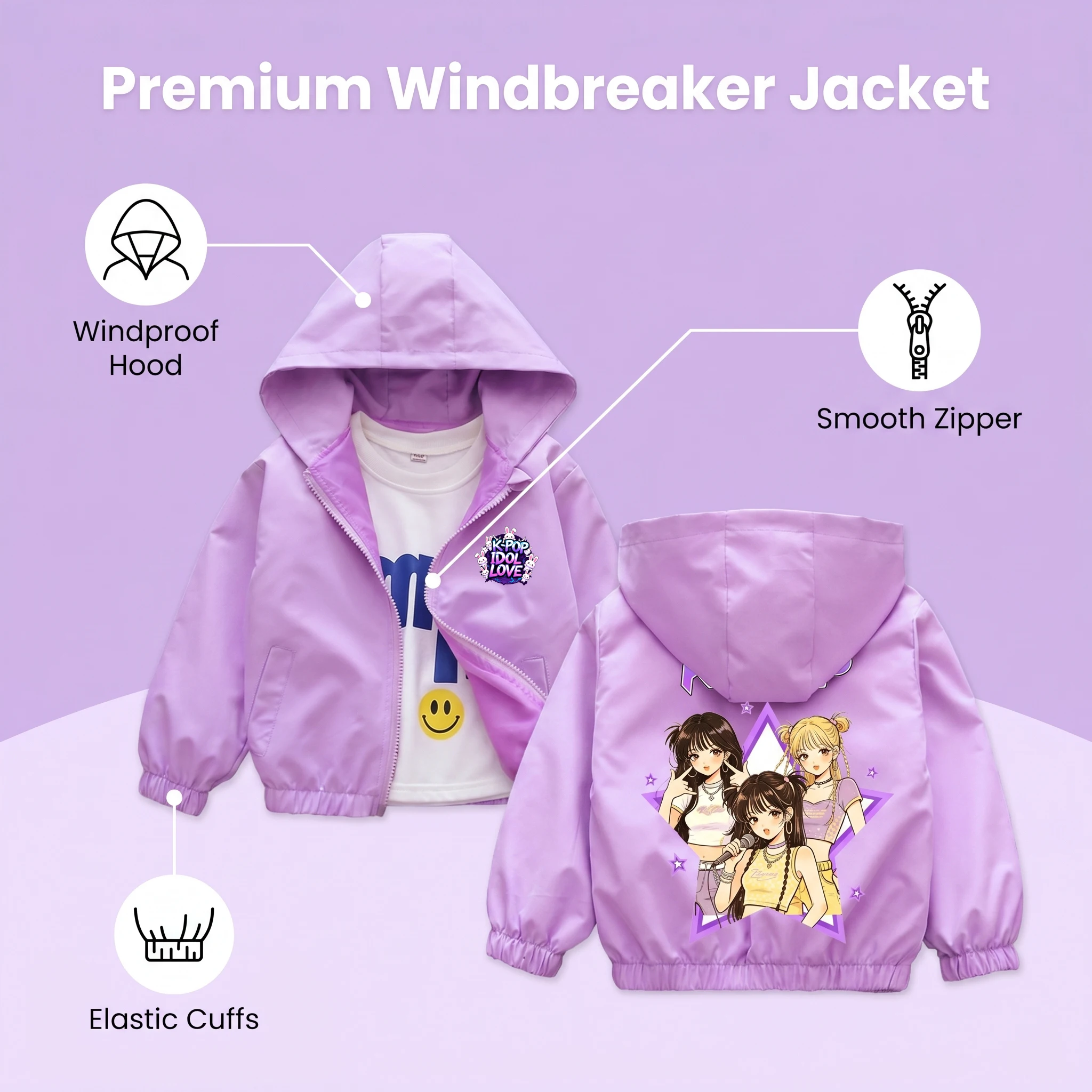 K-pop Idol Print Hooded Jacket for Girls 2026 New Spring Autumn Children Waterproof Windbreaker Coat Kids Daily Casual Outerwear