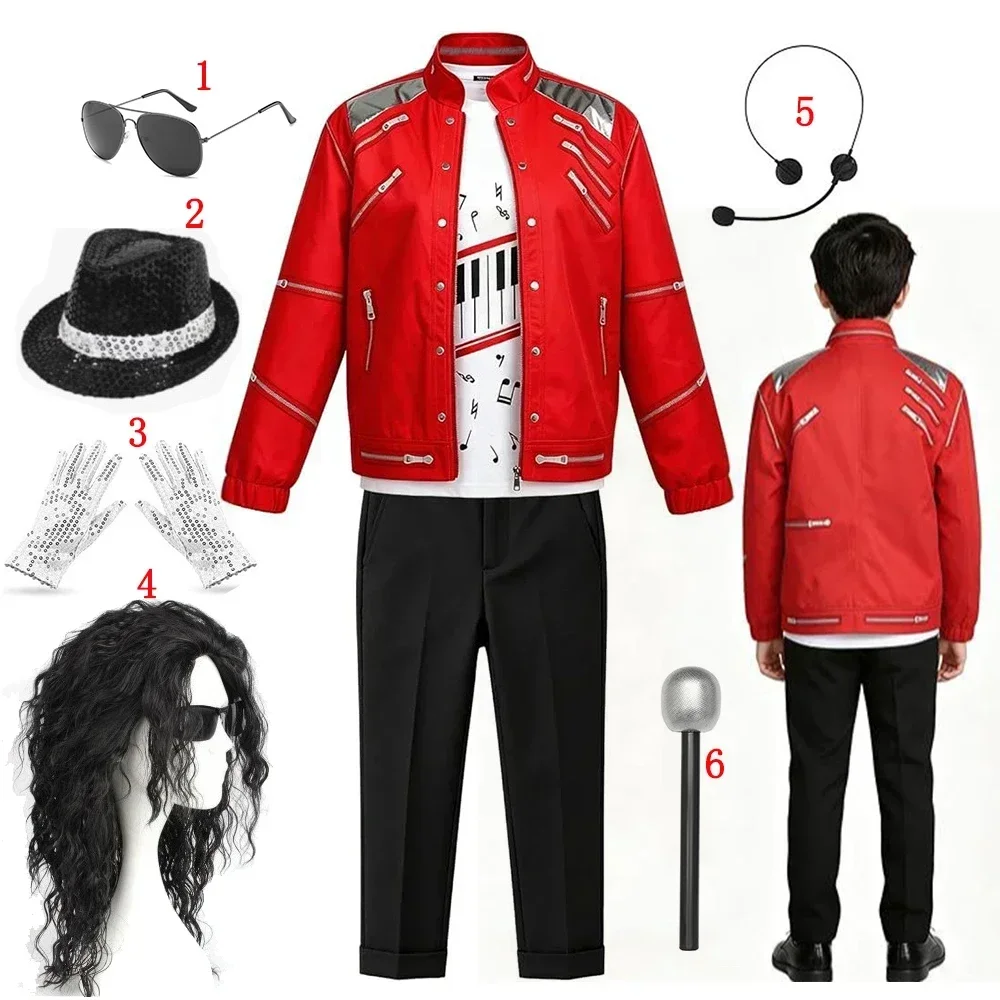 Kids Cosplay Dance Star Costume Set Red Printed 80s 90s Stage Party Outfit Boy Girl Clothing Children Moonwalk Costume
