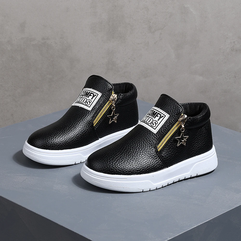 COMFY KIDS Kids' Black Lychee Pattern Faux Leather High-Top Sneakers, Side Zipper with Star Charm, Soft Elastic Rubber Sole Ligh
