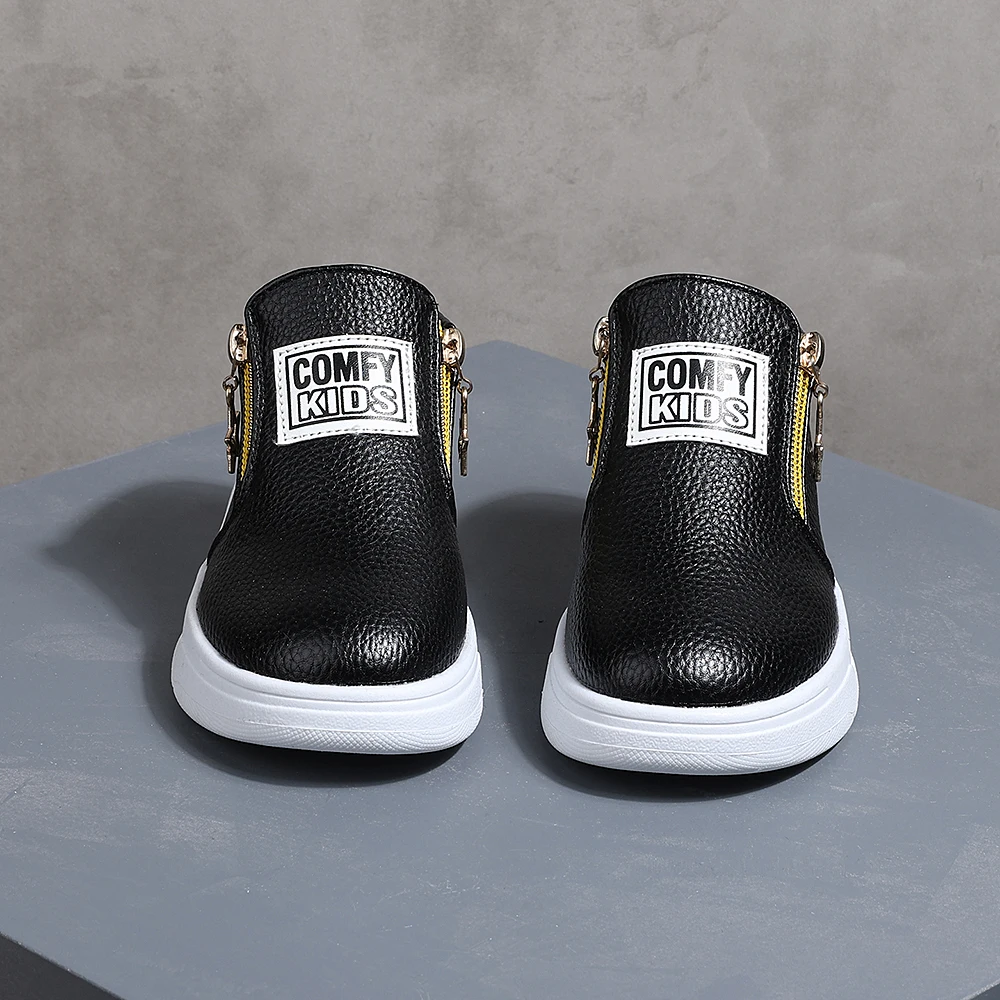 COMFY KIDS Kids' Black Lychee Pattern Faux Leather High-Top Sneakers, Side Zipper with Star Charm, Soft Elastic Rubber Sole Ligh