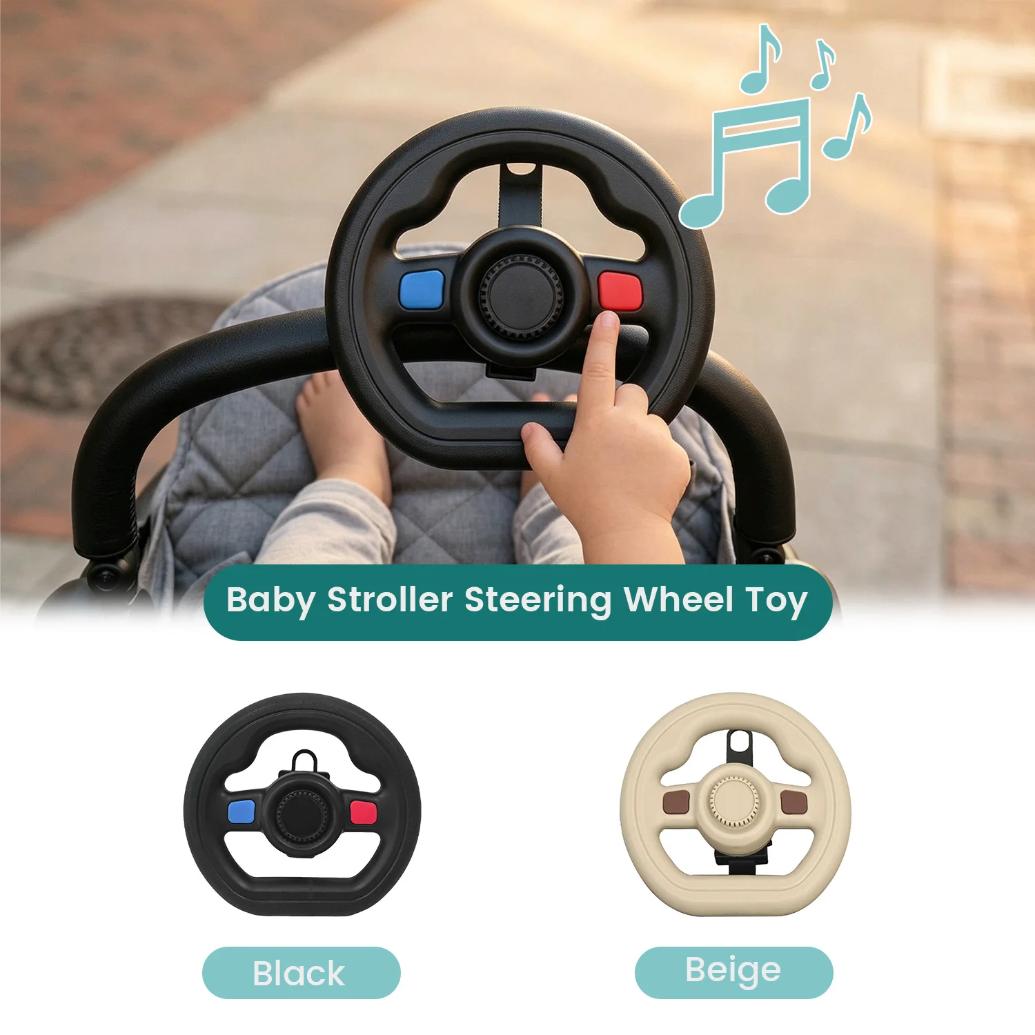 Baby Stroller Steering Wheel Toy, Musical Simulation Driving Toy with Horn Sound, Adjustable Mount 360° Rotatable Toddler Preten
