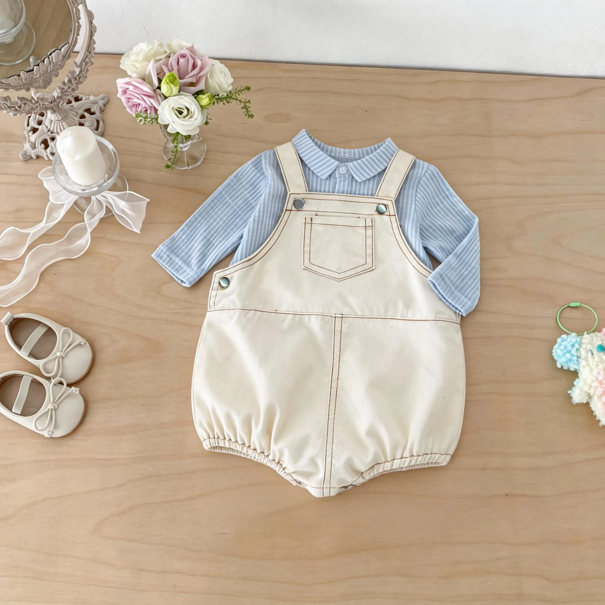 Spring and Summer Korean Style baby Cute Pocket Denim Overalls for Boys and Girls, Fashionable Triangle Nappy Cover