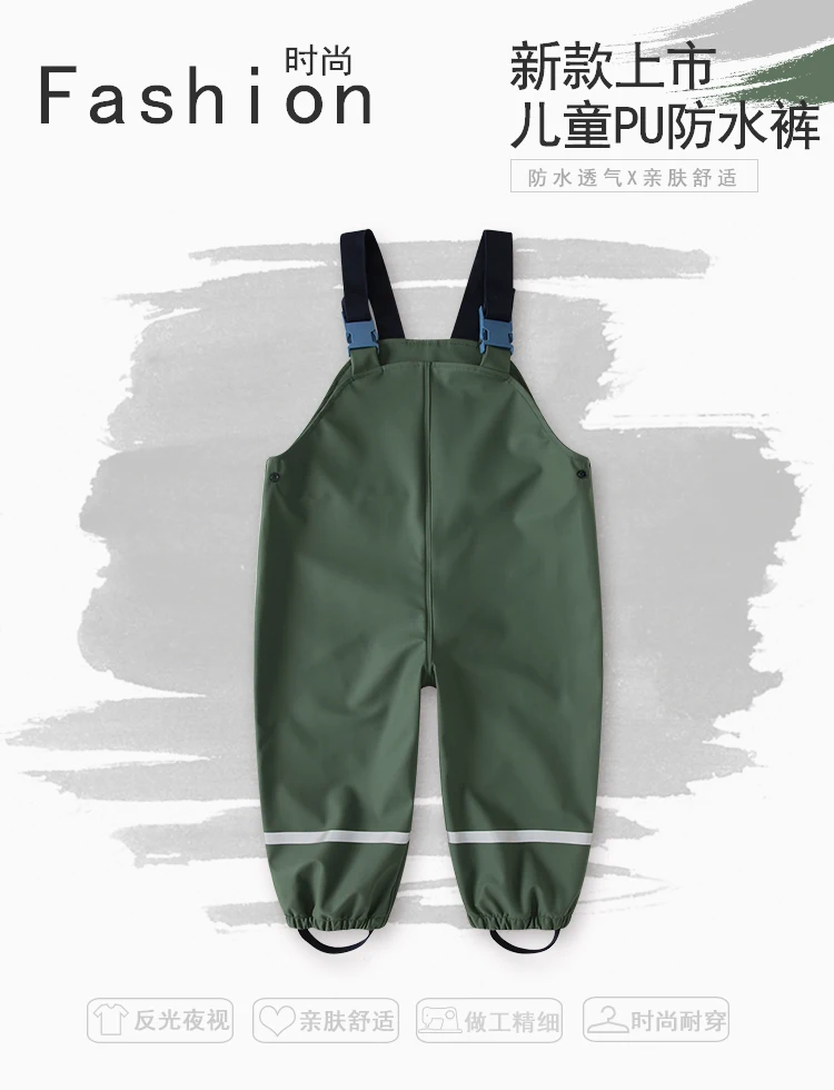 HONEYKING Children's PU Waterproof Rain Pants Toddler Baby Boys Girls Jumpsuit Rompers Kids Rain Overalls Suspenders Pants