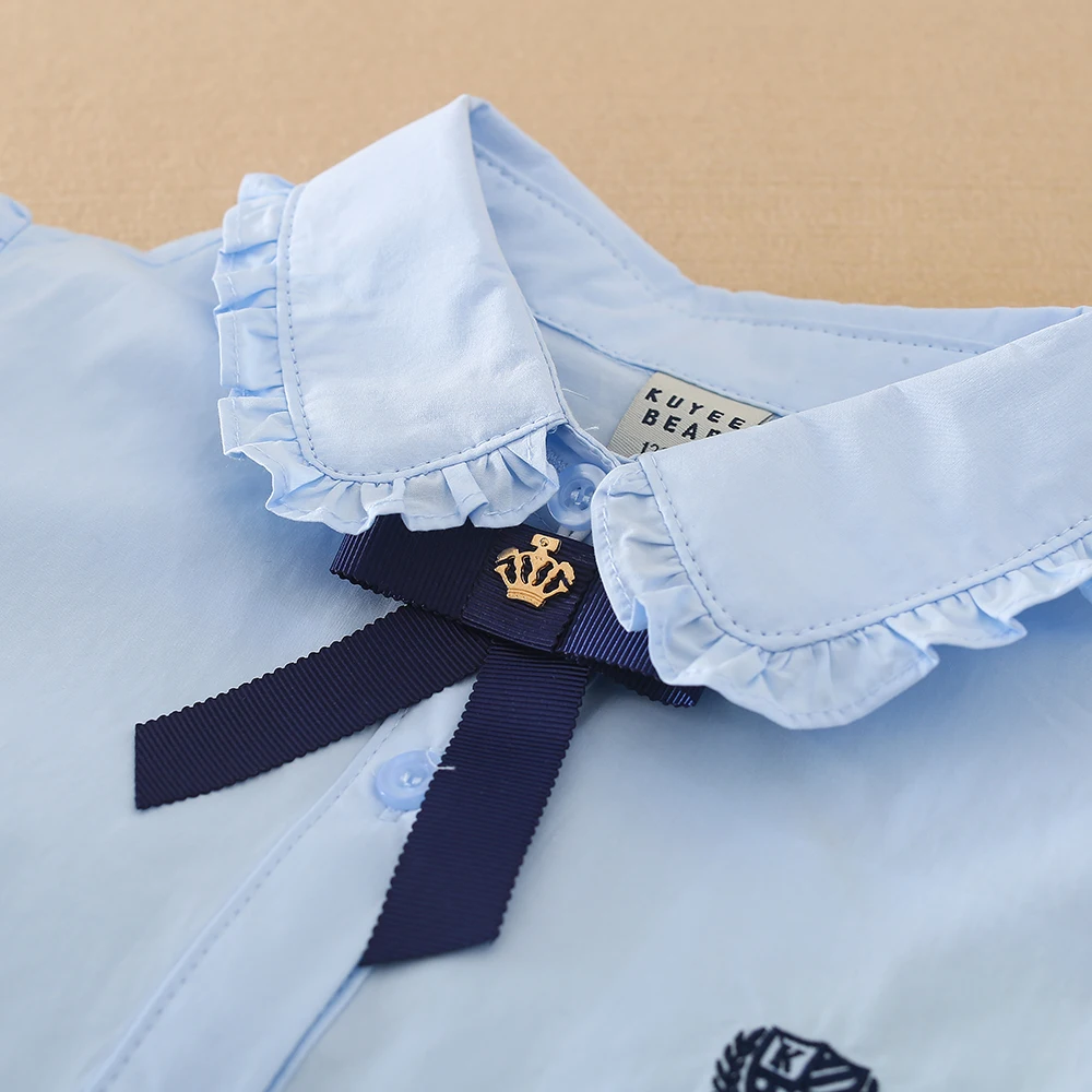 Girls Ruffle Collar Shirt 5-12 Years Long Sleeve 100% Cotton Kids School Uniform Blouse Polyester Children Daily Tops