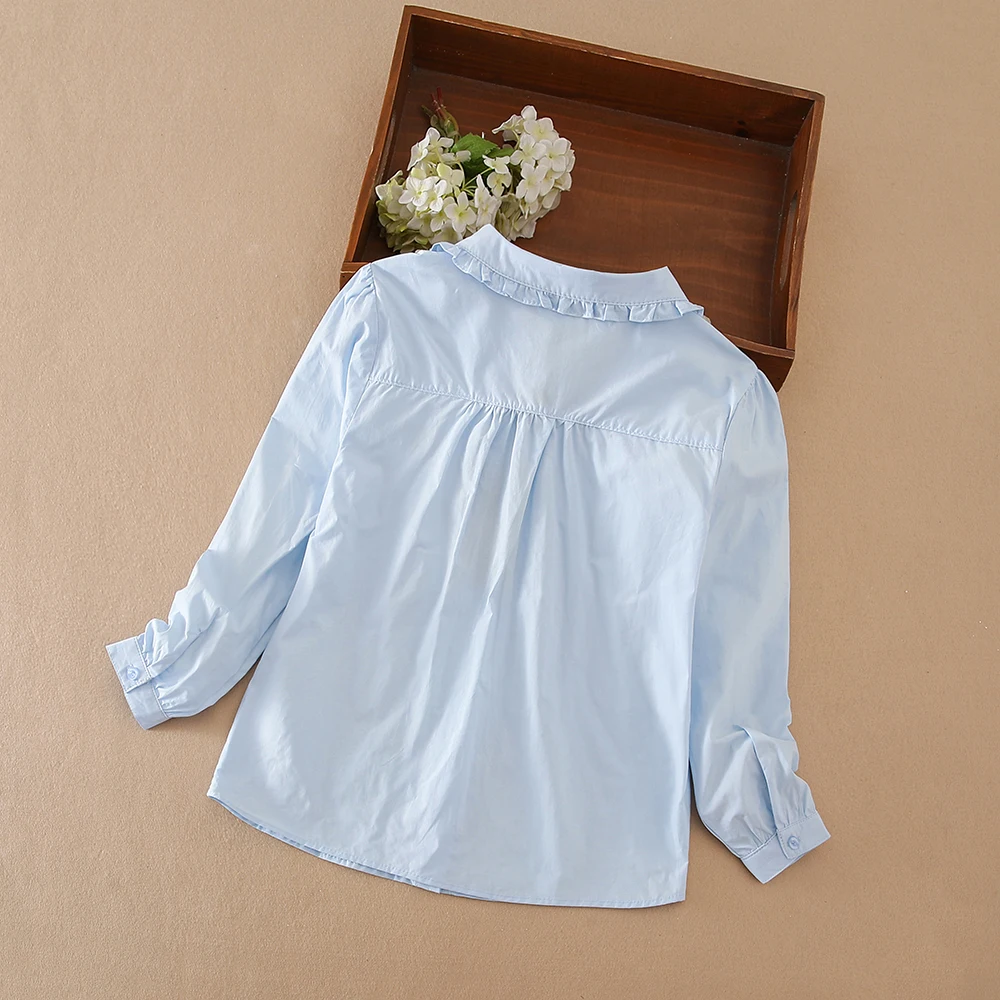 Girls Ruffle Collar Shirt 5-12 Years Long Sleeve 100% Cotton Kids School Uniform Blouse Polyester Children Daily Tops