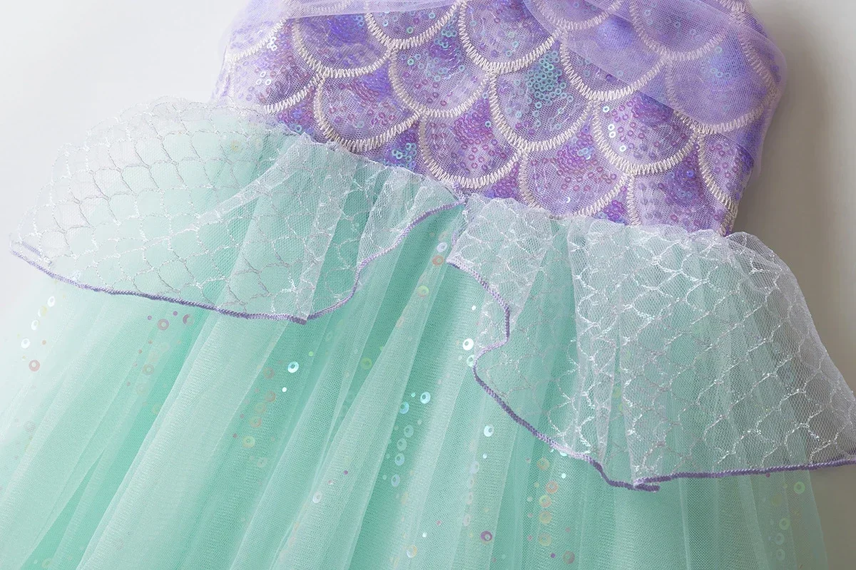 Kids Girls Mermaid Princess Fancy Costume Purple Green Tulle Dress for Carnival Birthday Halloween Cosplay Role‑Play Outfit