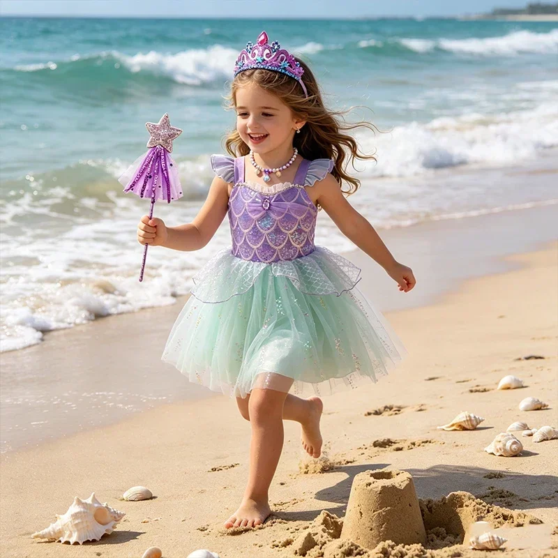 Kids Girls Mermaid Princess Fancy Costume Purple Green Tulle Dress for Carnival Birthday Halloween Cosplay Role‑Play Outfit