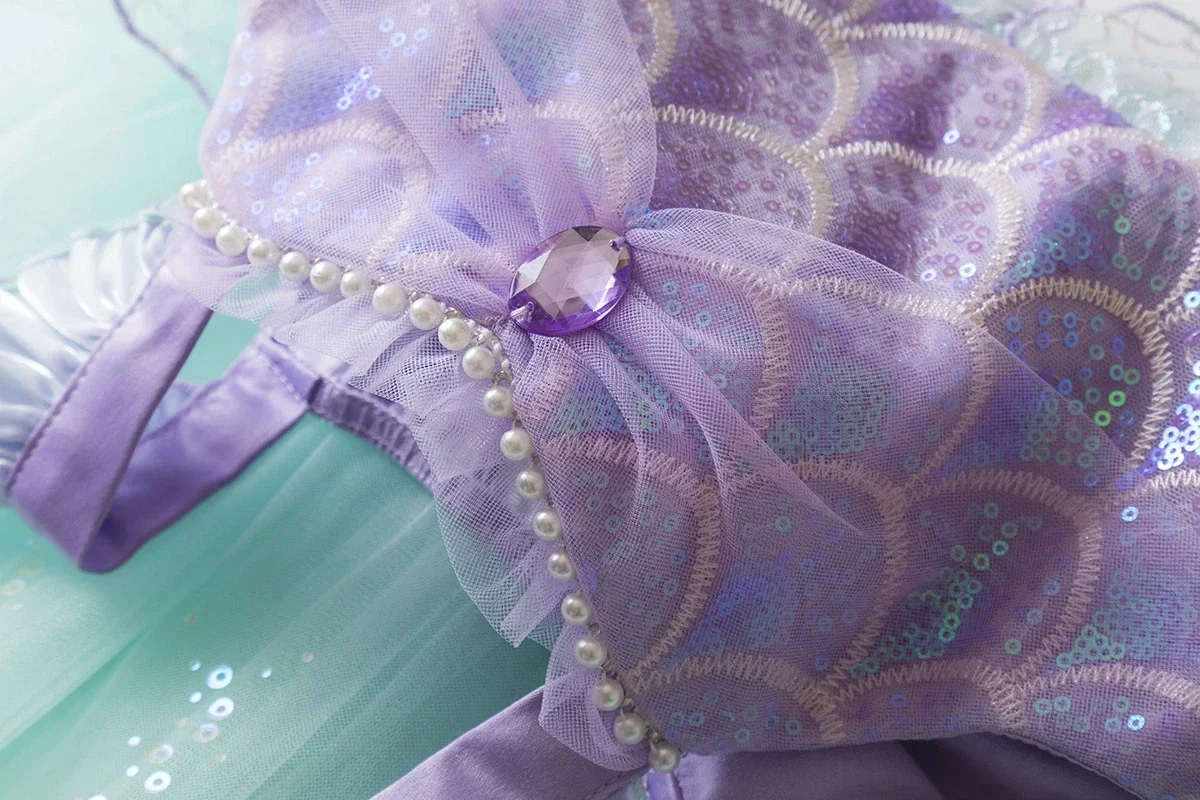 Kids Girls Mermaid Princess Fancy Costume Purple Green Tulle Dress for Carnival Birthday Halloween Cosplay Role‑Play Outfit