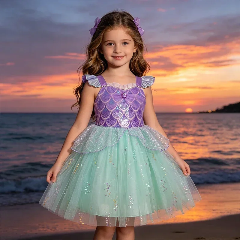Kids Girls Mermaid Princess Fancy Costume Purple Green Tulle Dress for Carnival Birthday Halloween Cosplay Role‑Play Outfit