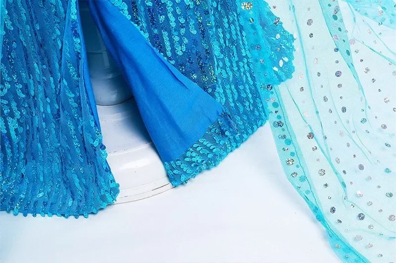 Girls Ice Snow Princess Sequin Gown Long Sheer Cape Sparkling Train for Carnival Birthday Stage Performance Dress-Up