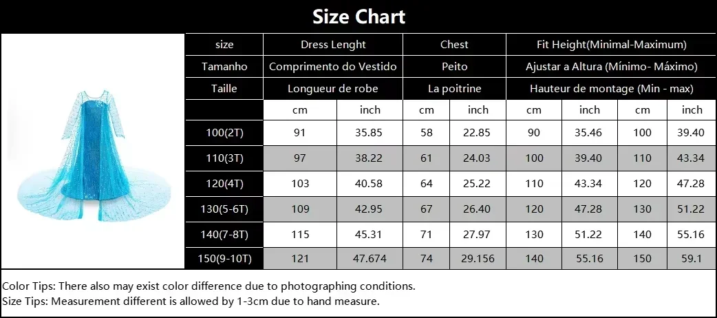 Girls Ice Snow Princess Sequin Gown Long Sheer Cape Sparkling Train for Carnival Birthday Stage Performance Dress-Up