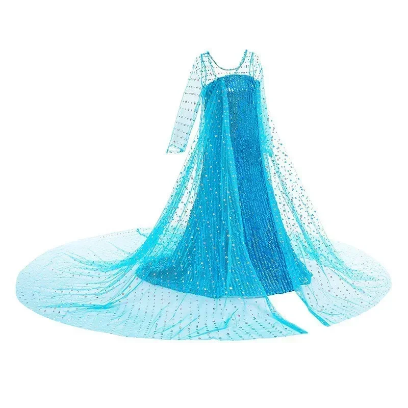 Girls Ice Snow Princess Sequin Gown Long Sheer Cape Sparkling Train for Carnival Birthday Stage Performance Dress-Up
