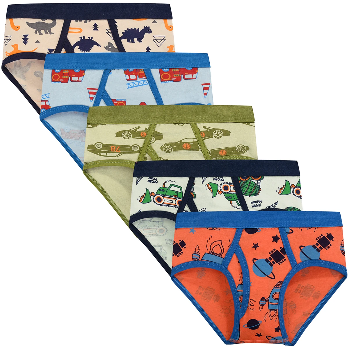5-Pack Boys Cotton Underwear Dinosaur Construction Vehicle Space Print Soft Stretch Briefs for Kids