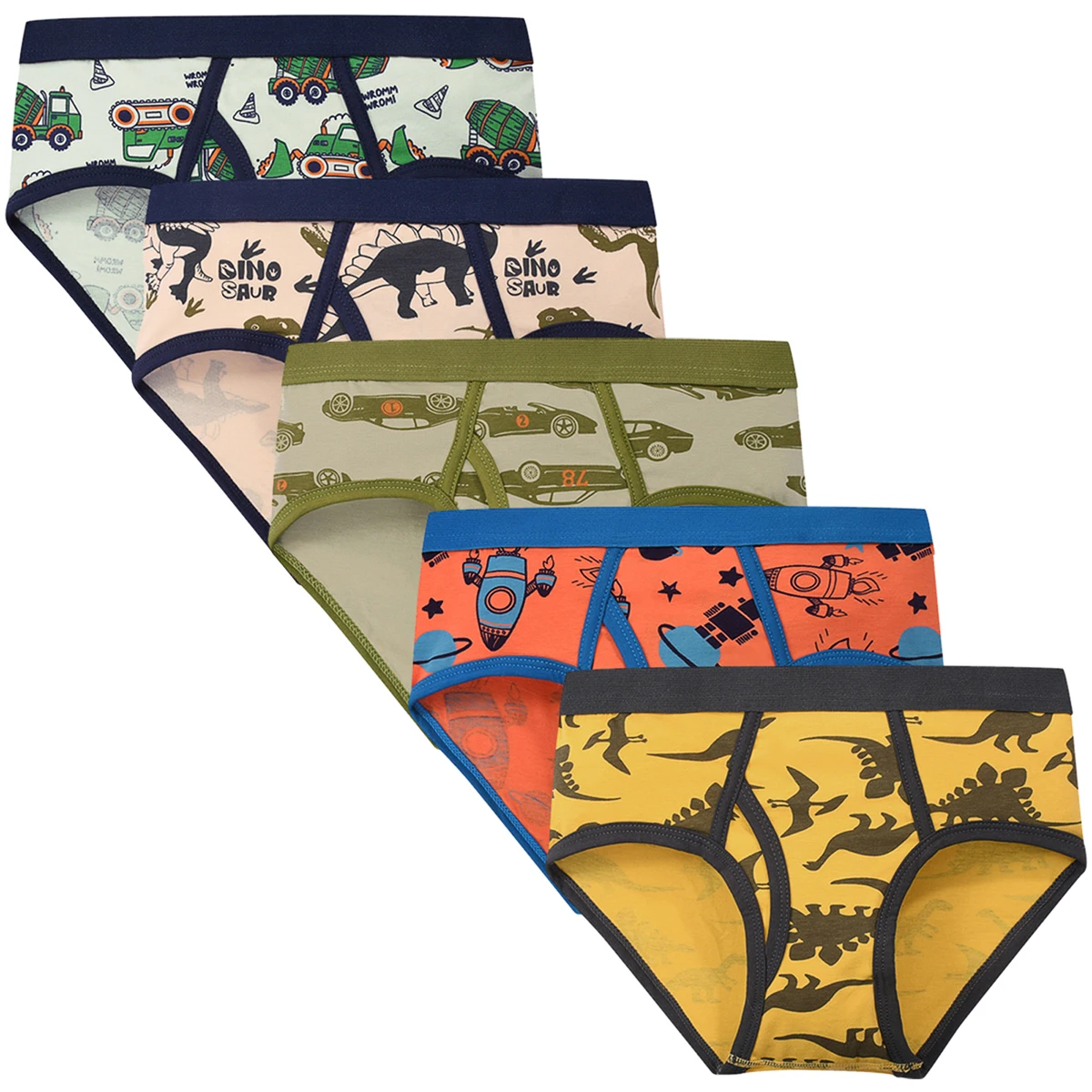 5-Pack Boys Cotton Underwear Dinosaur Construction Vehicle Space Print Soft Stretch Briefs for Kids