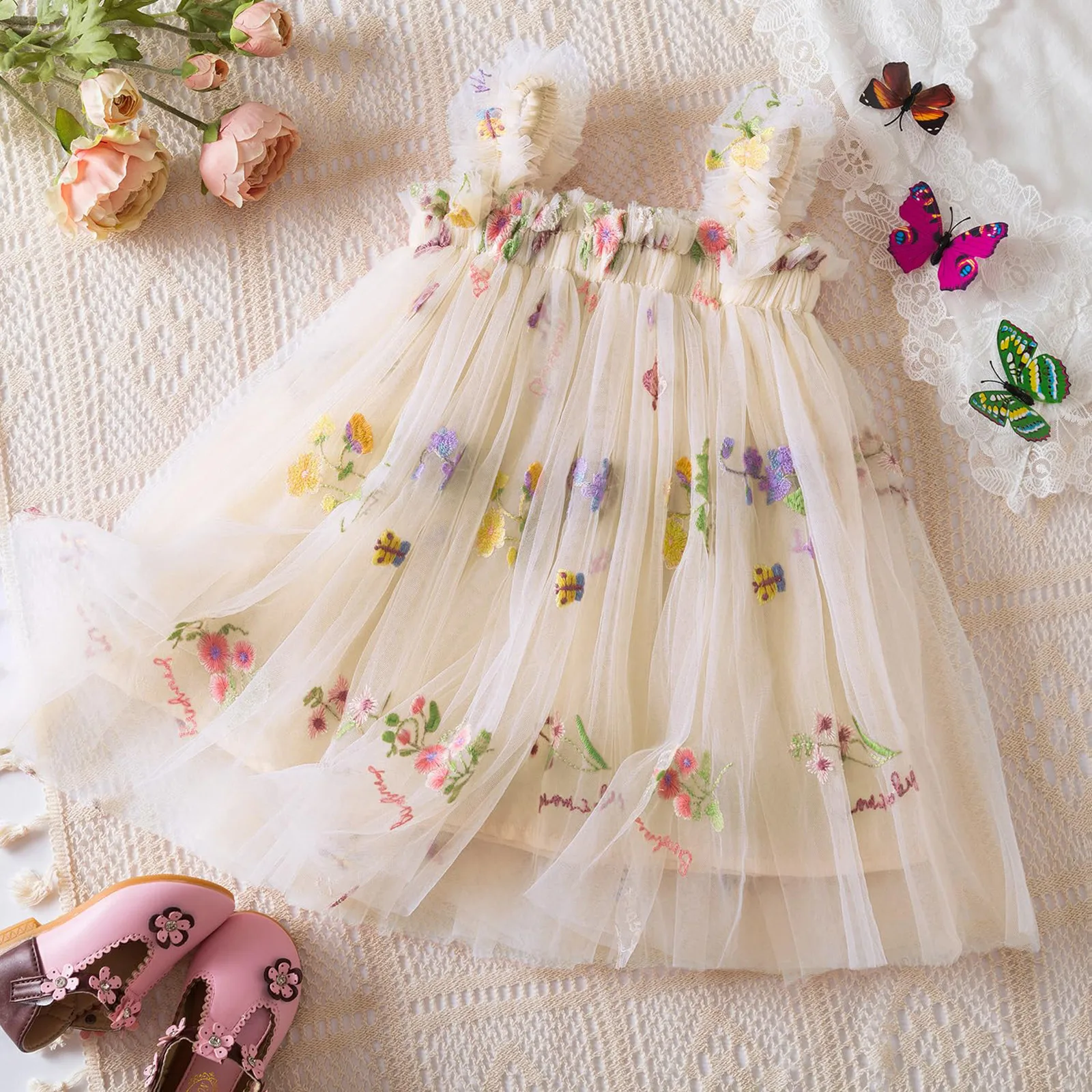 Outdoor Summer Cute Princess Dress Toddler Baby Girls Embroidery Flower Suspender Mesh Dresses Birthday Party Princess Dresses