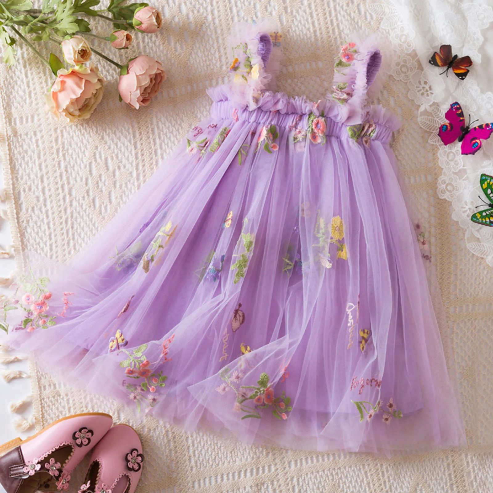 Outdoor Summer Cute Princess Dress Toddler Baby Girls Embroidery Flower Suspender Mesh Dresses Birthday Party Princess Dresses