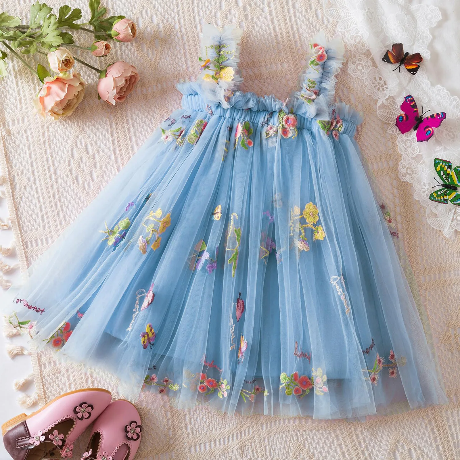 Outdoor Summer Cute Princess Dress Toddler Baby Girls Embroidery Flower Suspender Mesh Dresses Birthday Party Princess Dresses