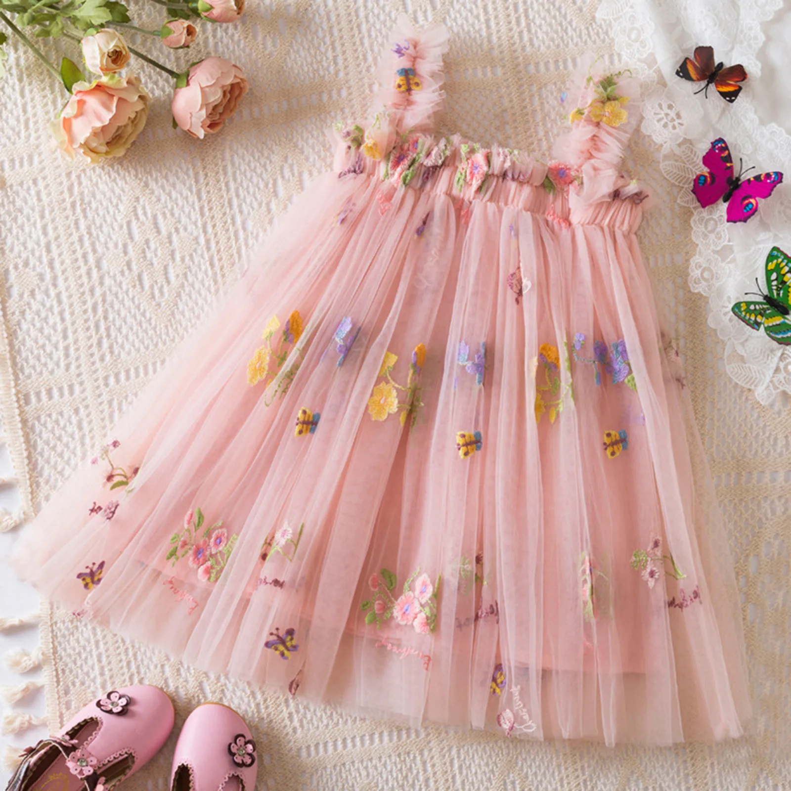 Outdoor Summer Cute Princess Dress Toddler Baby Girls Embroidery Flower Suspender Mesh Dresses Birthday Party Princess Dresses
