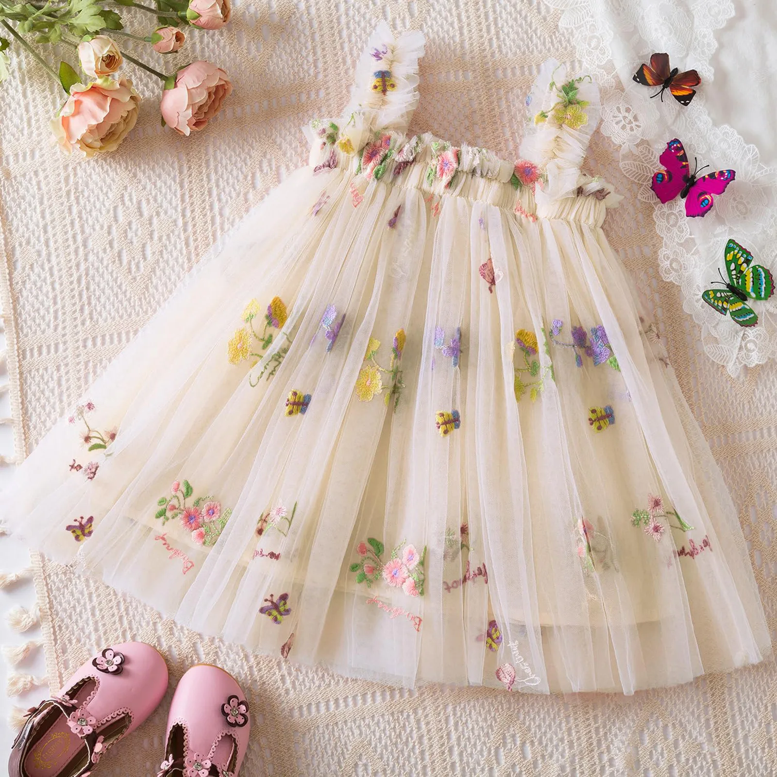 Outdoor Summer Cute Princess Dress Toddler Baby Girls Embroidery Flower Suspender Mesh Dresses Birthday Party Princess Dresses