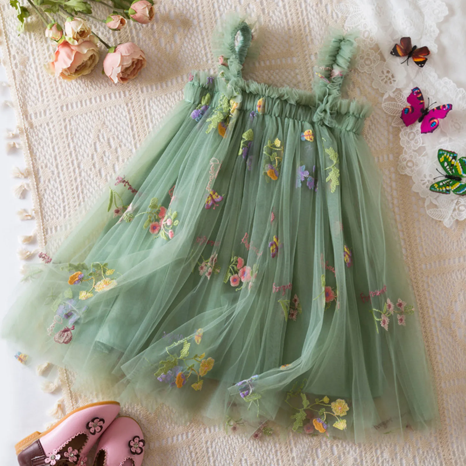 Outdoor Summer Cute Princess Dress Toddler Baby Girls Embroidery Flower Suspender Mesh Dresses Birthday Party Princess Dresses