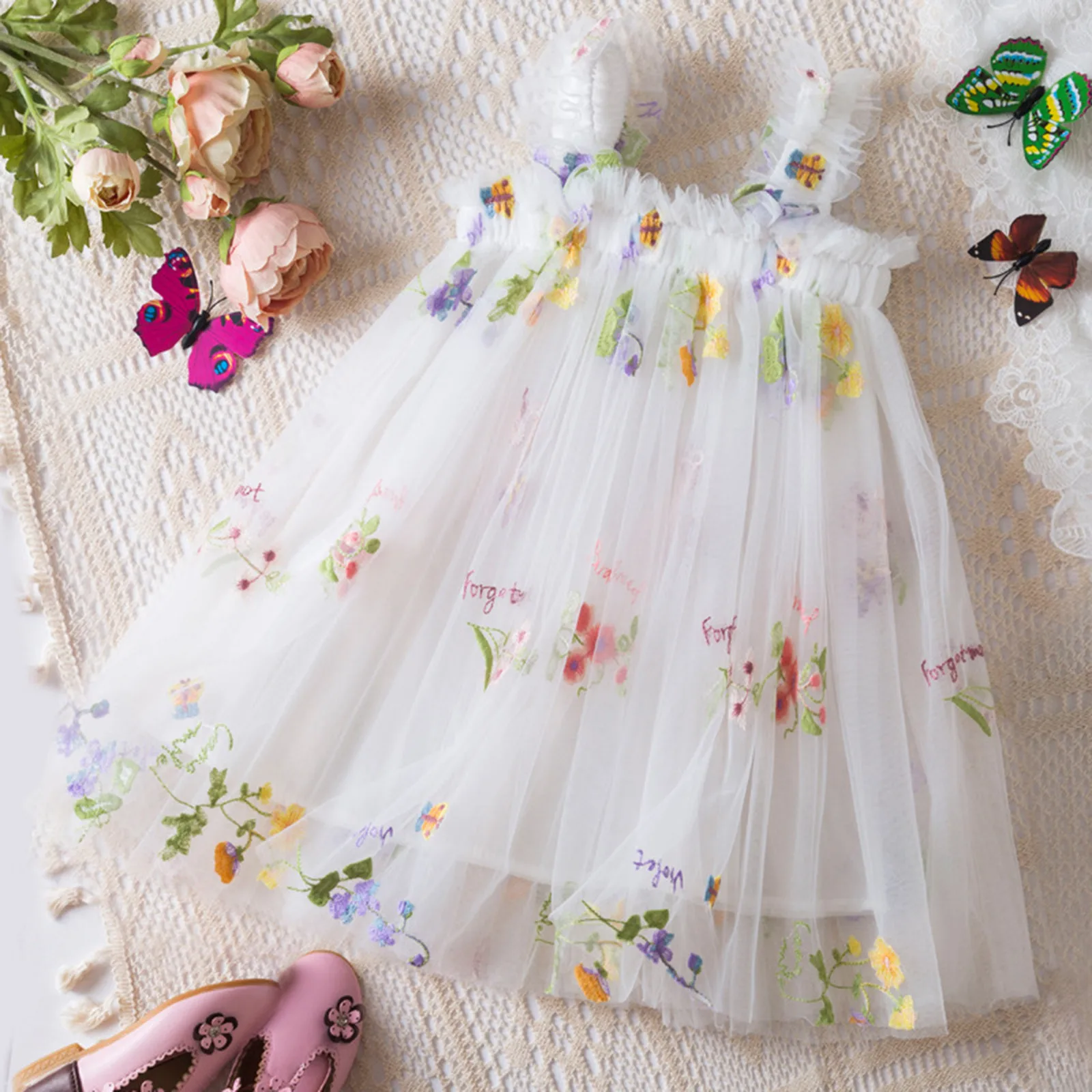 Outdoor Summer Cute Princess Dress Toddler Baby Girls Embroidery Flower Suspender Mesh Dresses Birthday Party Princess Dresses