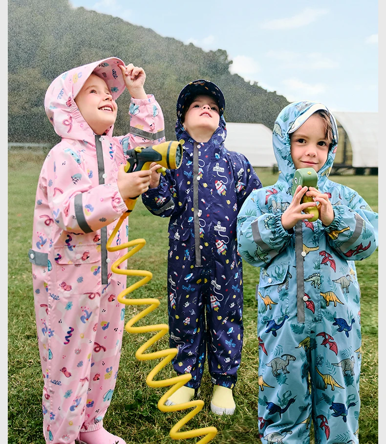 1-12 Years Old Cartoon Dinosaur Waterproof Jumpsuit Raincoat Hooded Kids One-Piece Rain Coat Tour Children Rain Gear Suit