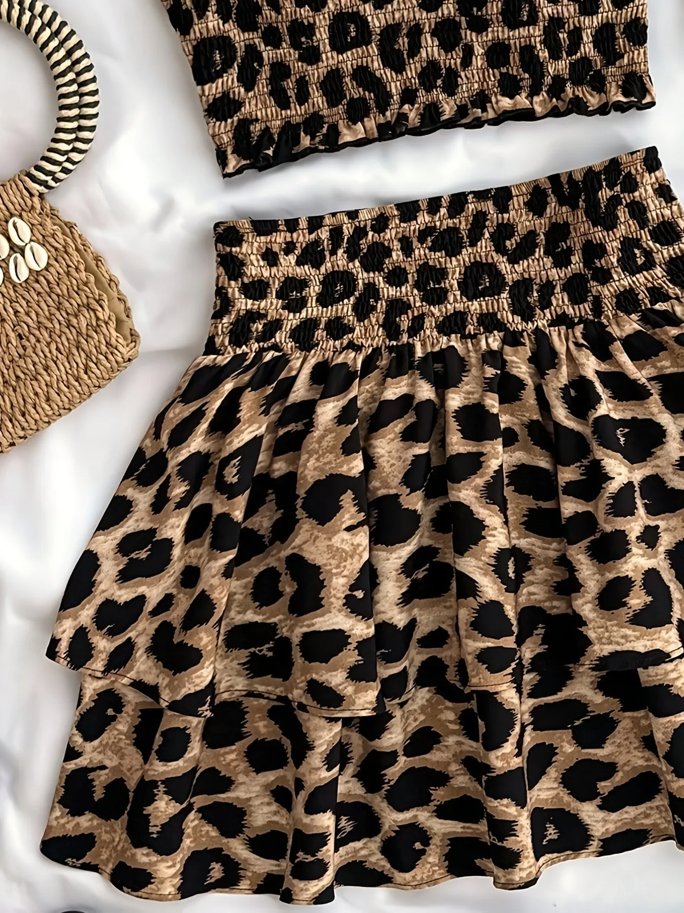 Comfy Kids Girls 2-Piece Outfit, Soft Breathable Fabric Leopard Print Crop Top & Tiered Skirt for Daily & Outings