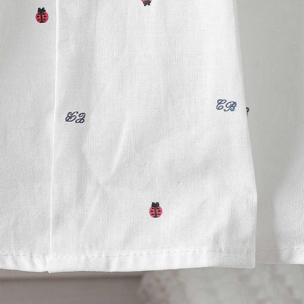 Girls White Cotton Long Sleeve Shirt Ladybug Print Peter Pan Collar Blouse with Bow Decor Casual Top for Kids 2-6 Years