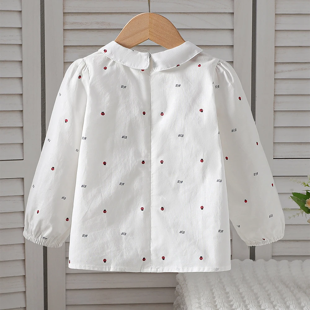 Girls White Cotton Long Sleeve Shirt Ladybug Print Peter Pan Collar Blouse with Bow Decor Casual Top for Kids 2-6 Years