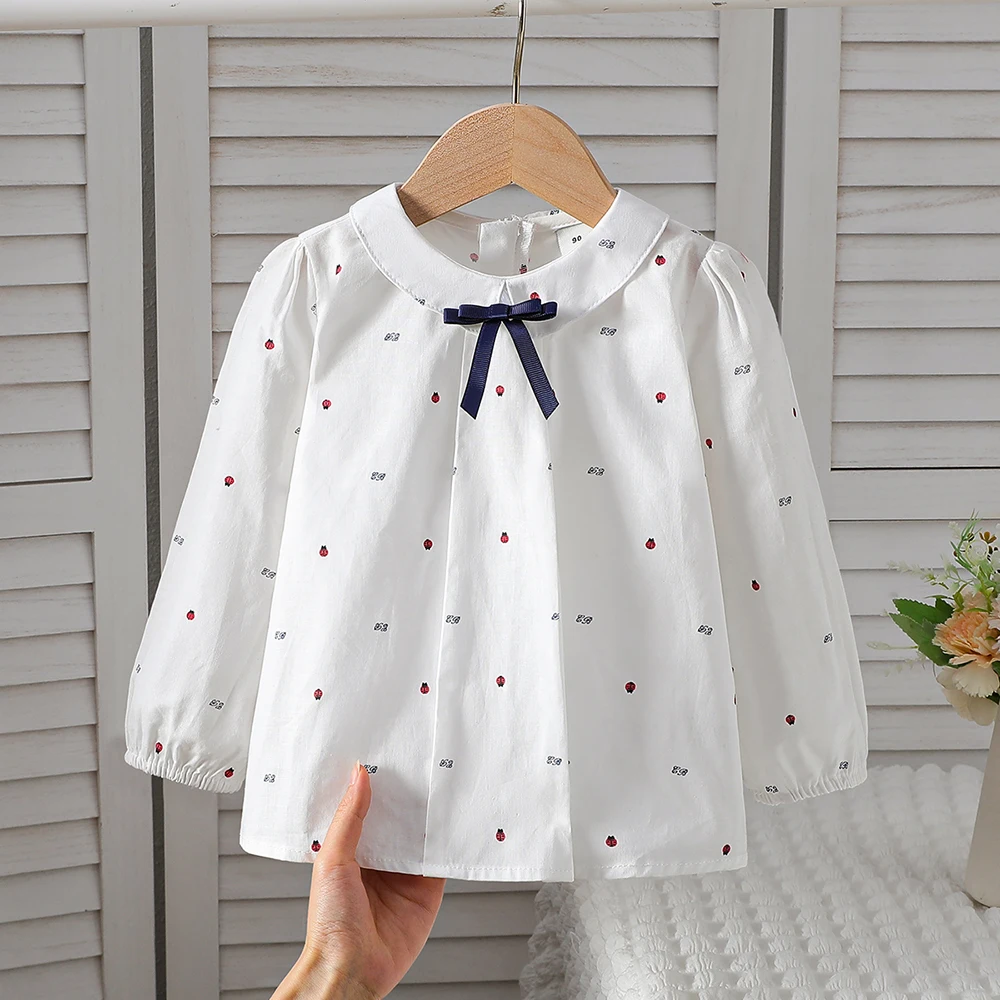 Girls White Cotton Long Sleeve Shirt Ladybug Print Peter Pan Collar Blouse with Bow Decor Casual Top for Kids 2-6 Years