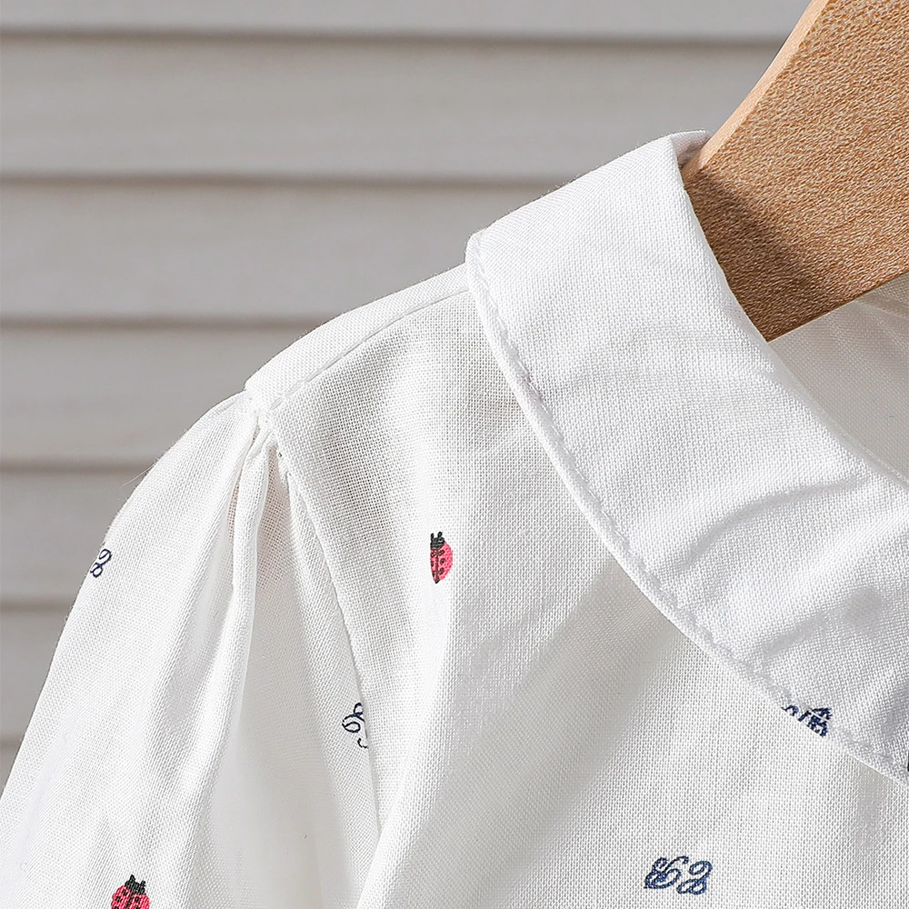 Girls White Cotton Long Sleeve Shirt Ladybug Print Peter Pan Collar Blouse with Bow Decor Casual Top for Kids 2-6 Years
