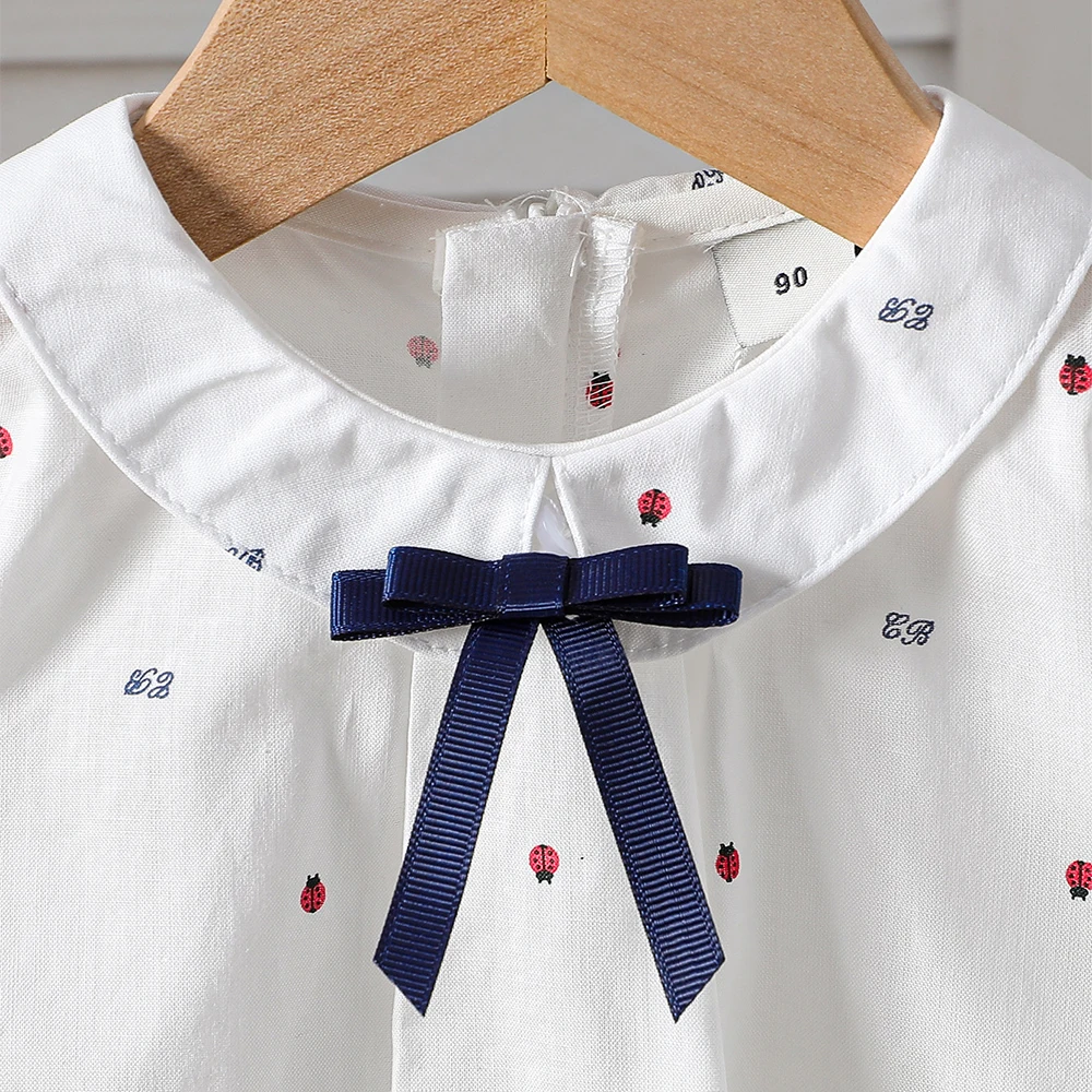 Girls White Cotton Long Sleeve Shirt Ladybug Print Peter Pan Collar Blouse with Bow Decor Casual Top for Kids 2-6 Years
