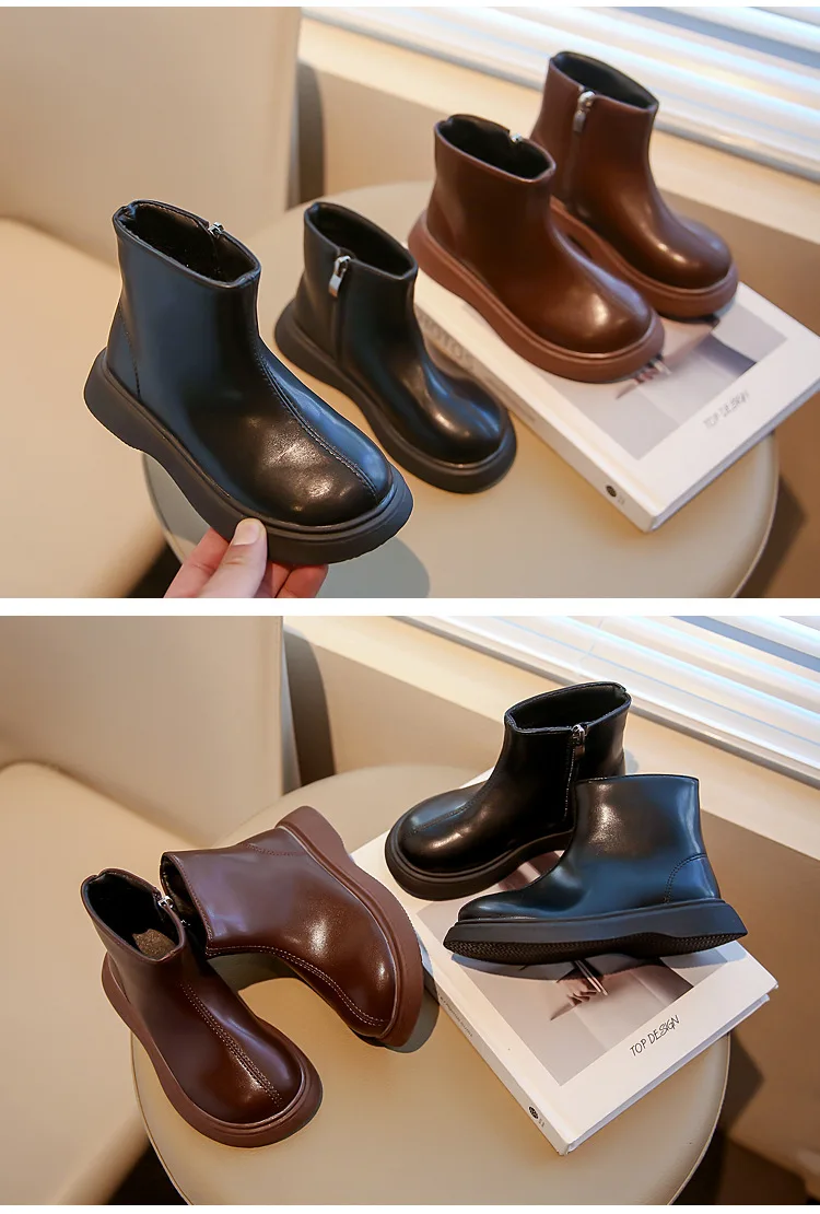 Children's Autumn Boots Fashion Round-toe PU Leather Kids Single Boots Causal Versatile Spring Girl's Ankle Boot Thick Bottom