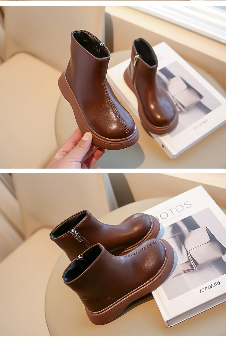 Children's Autumn Boots Fashion Round-toe PU Leather Kids Single Boots Causal Versatile Spring Girl's Ankle Boot Thick Bottom