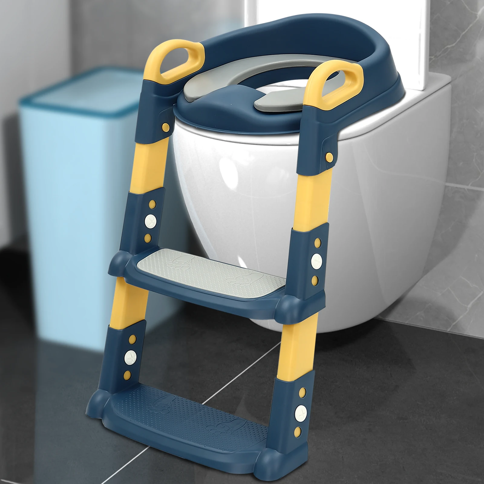 Foldable Kids Toilet Trainer Seat with Step, 6-Level Adjustable Toddler Toilet Seat with Non-Slip Pedals for V/U/O Toilets