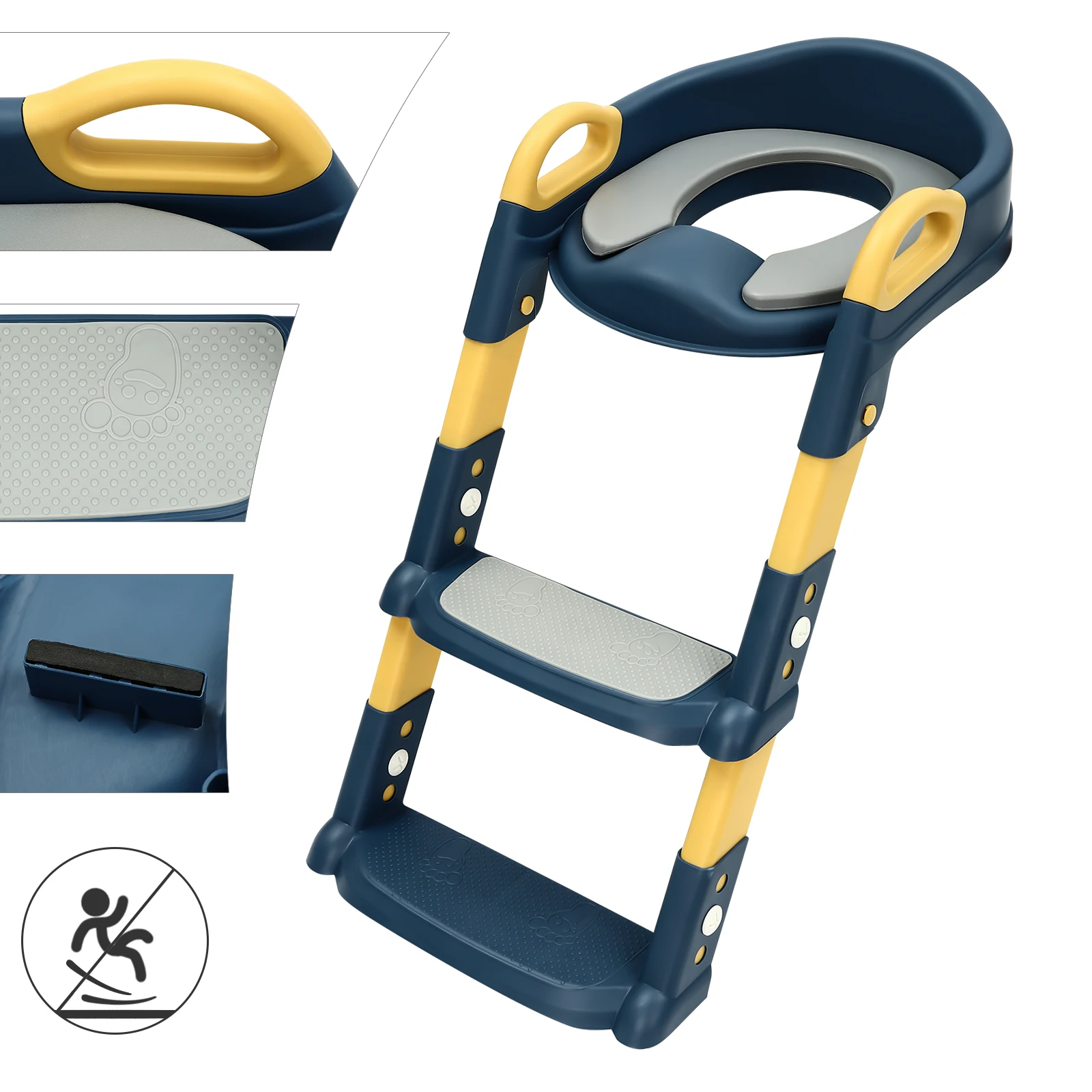 Foldable Kids Toilet Trainer Seat with Step, 6-Level Adjustable Toddler Toilet Seat with Non-Slip Pedals for V/U/O Toilets