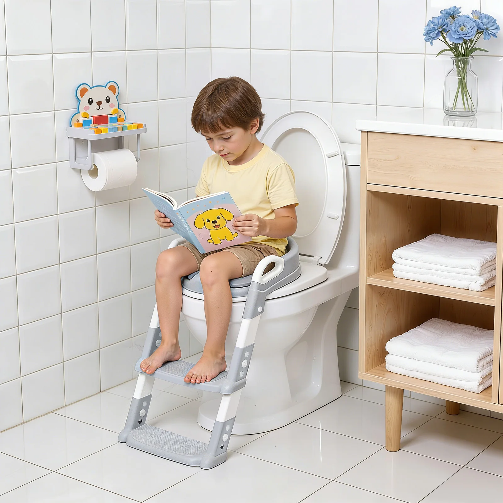 Foldable Kids Toilet Trainer Seat with Step, 6-Level Adjustable Toddler Toilet Seat with Non-Slip Pedals for V/U/O Toilets