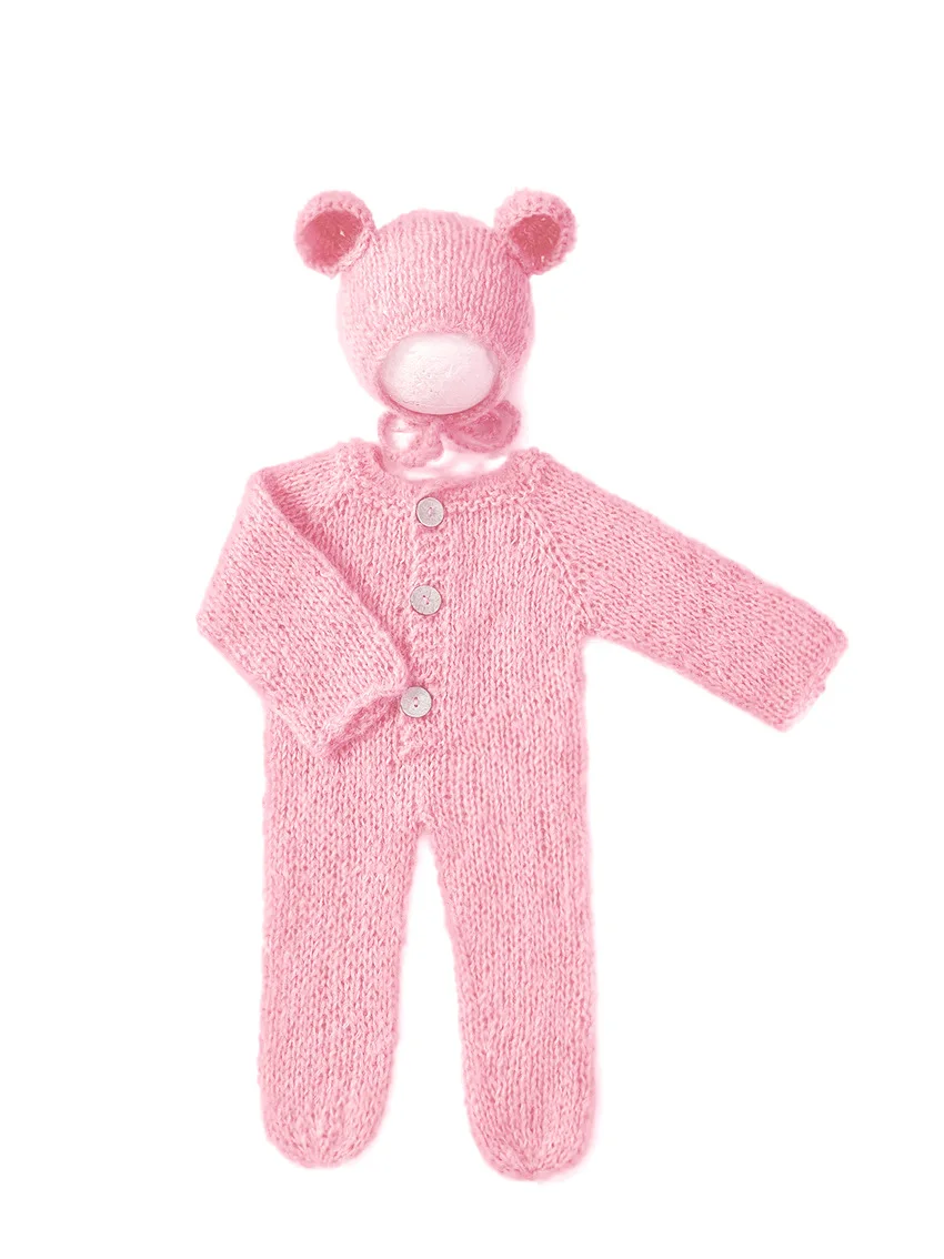 2pc/set Baby Outfits Newborn Photography Props Romper Bear Jumpsuit Crochet Hat Wool Baby Boy Girl Animal Photo Prop