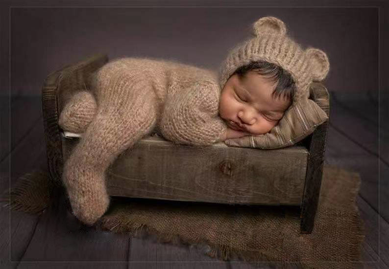 2pc/set Baby Outfits Newborn Photography Props Romper Bear Jumpsuit Crochet Hat Wool Baby Boy Girl Animal Photo Prop