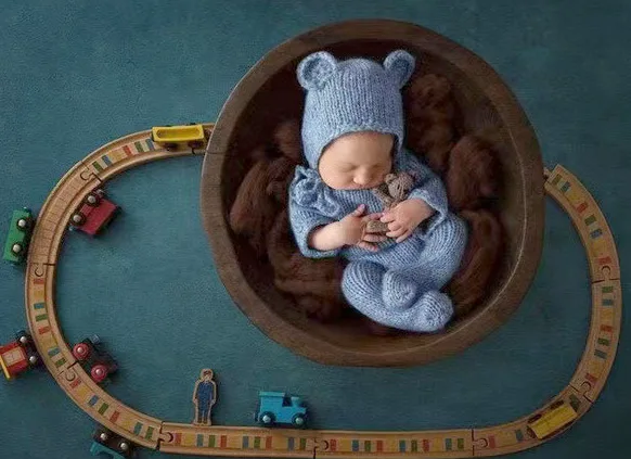 2pc/set Baby Outfits Newborn Photography Props Romper Bear Jumpsuit Crochet Hat Wool Baby Boy Girl Animal Photo Prop