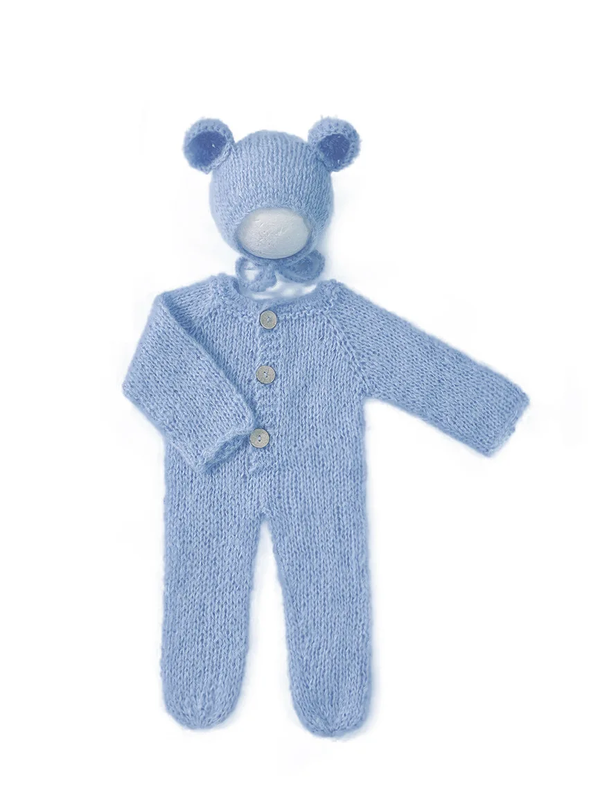 2pc/set Baby Outfits Newborn Photography Props Romper Bear Jumpsuit Crochet Hat Wool Baby Boy Girl Animal Photo Prop