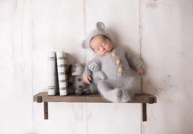 2pc/set Baby Outfits Newborn Photography Props Romper Bear Jumpsuit Crochet Hat Wool Baby Boy Girl Animal Photo Prop