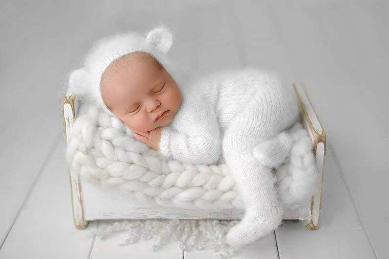 2pc/set Baby Outfits Newborn Photography Props Romper Bear Jumpsuit Crochet Hat Wool Baby Boy Girl Animal Photo Prop