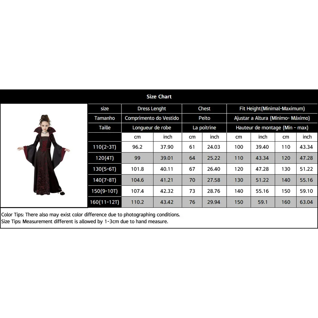 Girls Vampire Queen Halloween Costume Kids Gothic Black‑Red Long Stand‑Collar Gown Holiday Party Fancy Dress Cosplay Outfit