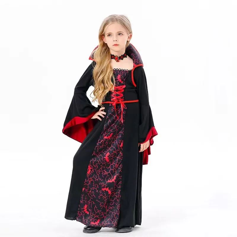 Girls Vampire Queen Halloween Costume Kids Gothic Black‑Red Long Stand‑Collar Gown Holiday Party Fancy Dress Cosplay Outfit