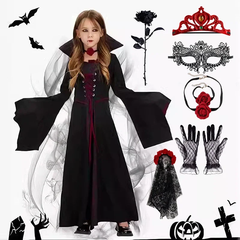 Girls Vampire Queen Halloween Costume Kids Gothic Black‑Red Long Stand‑Collar Gown Holiday Party Fancy Dress Cosplay Outfit
