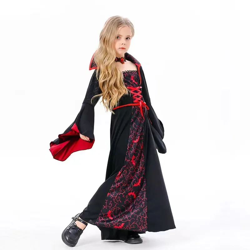 Girls Vampire Queen Halloween Costume Kids Gothic Black‑Red Long Stand‑Collar Gown Holiday Party Fancy Dress Cosplay Outfit