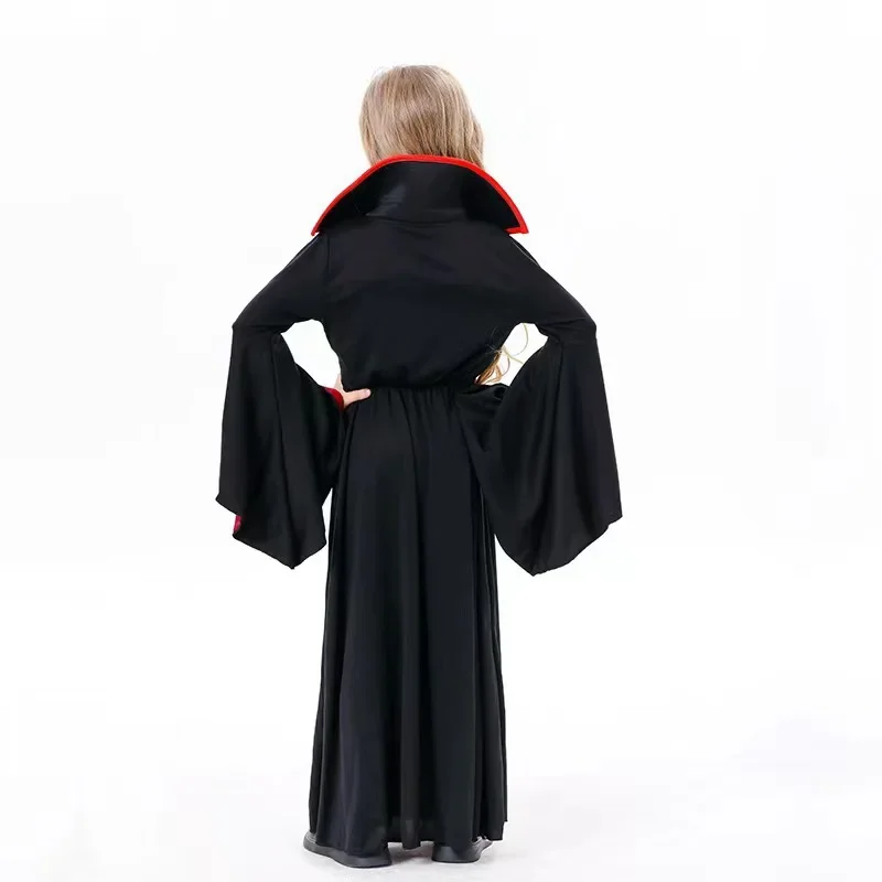 Girls Vampire Queen Halloween Costume Kids Gothic Black‑Red Long Stand‑Collar Gown Holiday Party Fancy Dress Cosplay Outfit